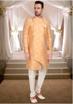 Orange With White Color Art Silk Fabric Indo Western